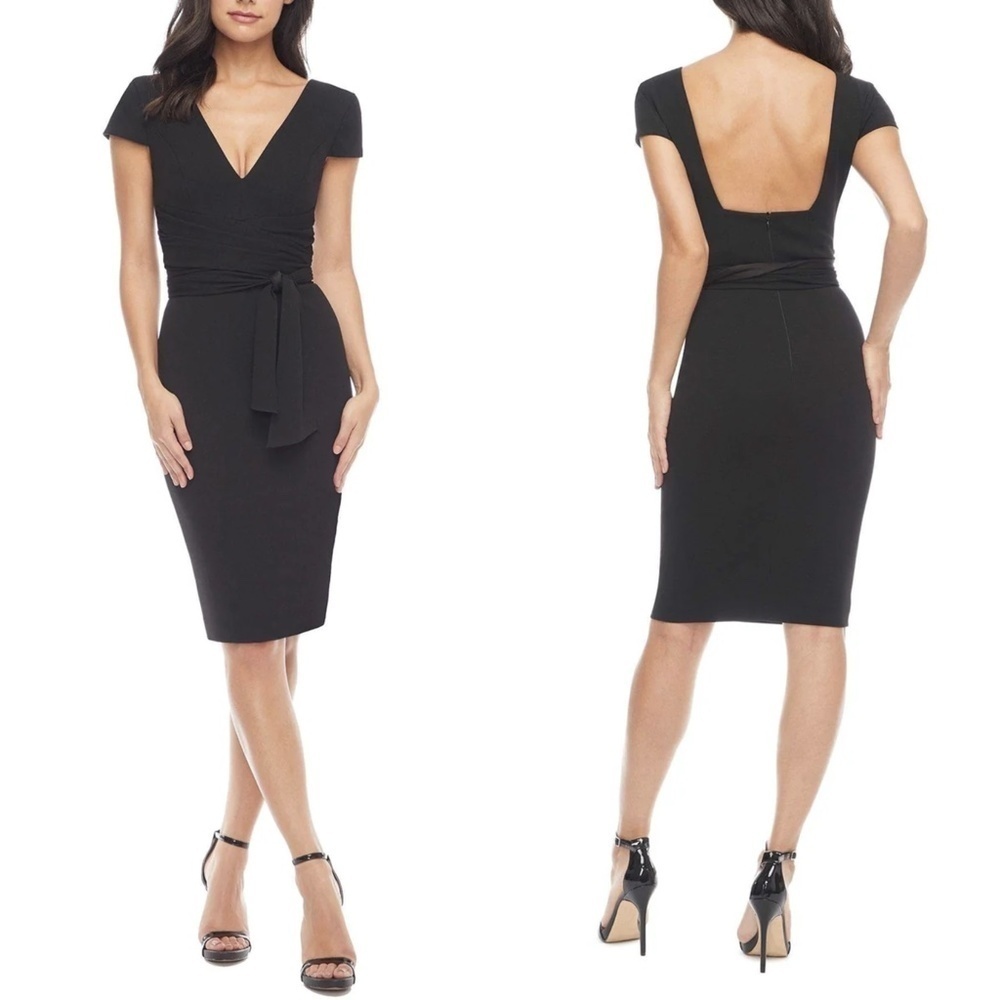 NEW Dress the Population Dana Deep V-Neck Sheath Midi Dress in Black Sz. XS